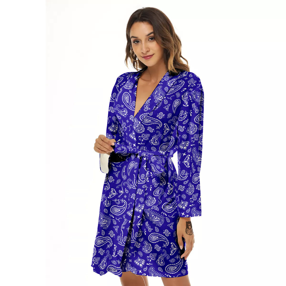 Navy Paisley Bandana Print Women's Robe-grizzshop