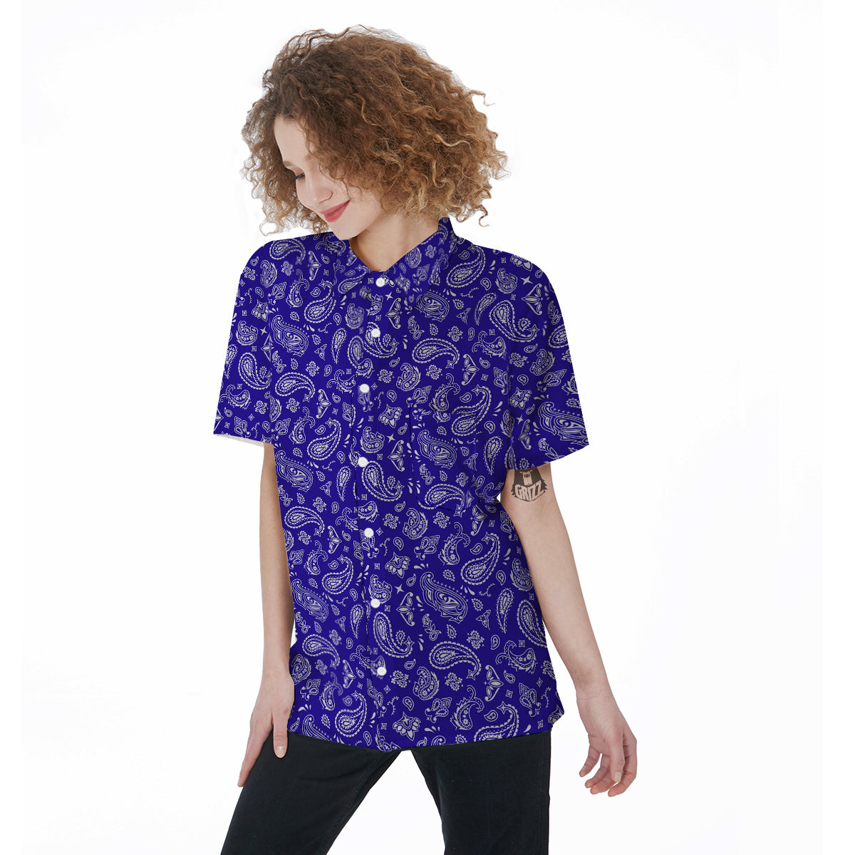 Navy Paisley Bandana Print Women's Short Sleeve Shirts-grizzshop