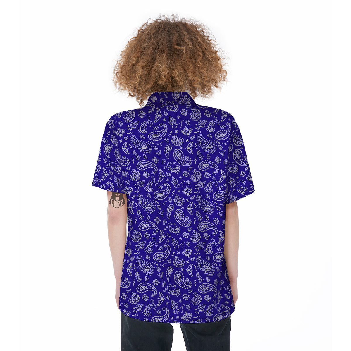 Navy Paisley Bandana Print Women's Short Sleeve Shirts-grizzshop