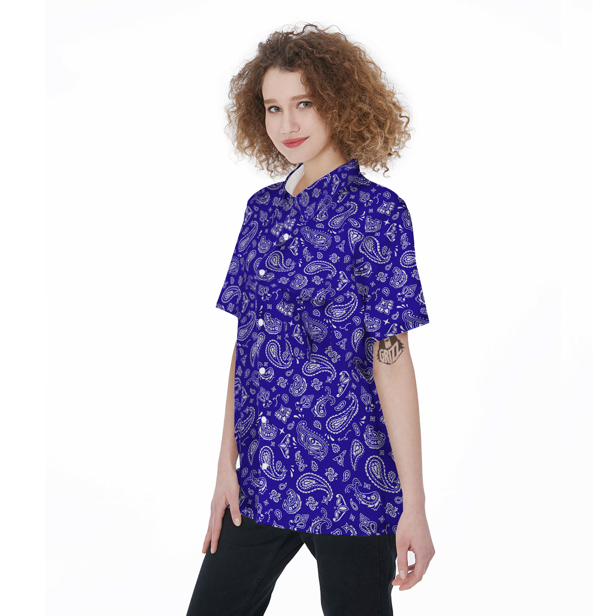 Navy Paisley Bandana Print Women's Short Sleeve Shirts-grizzshop