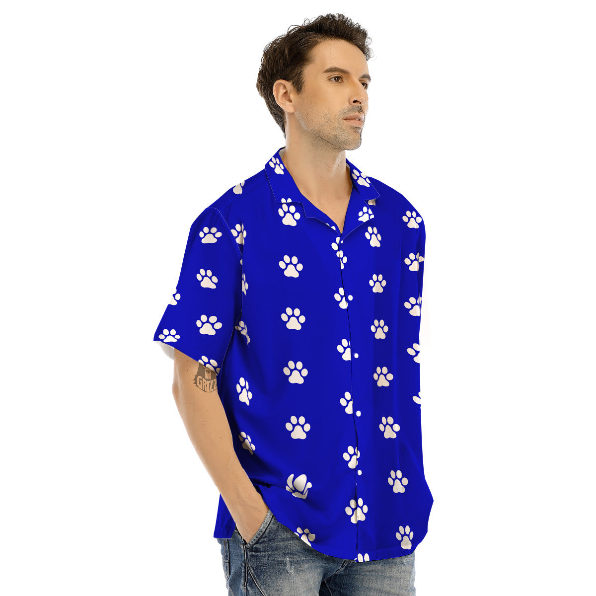 Navy Paw Print Men’s Hawaiian Shirt-grizzshop