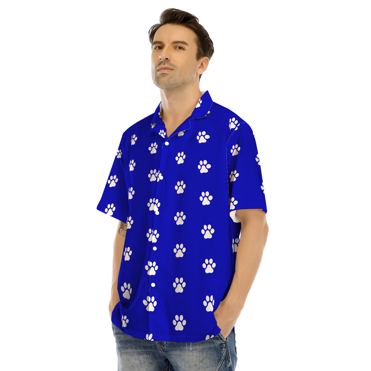 Navy Paw Print Men’s Hawaiian Shirt-grizzshop
