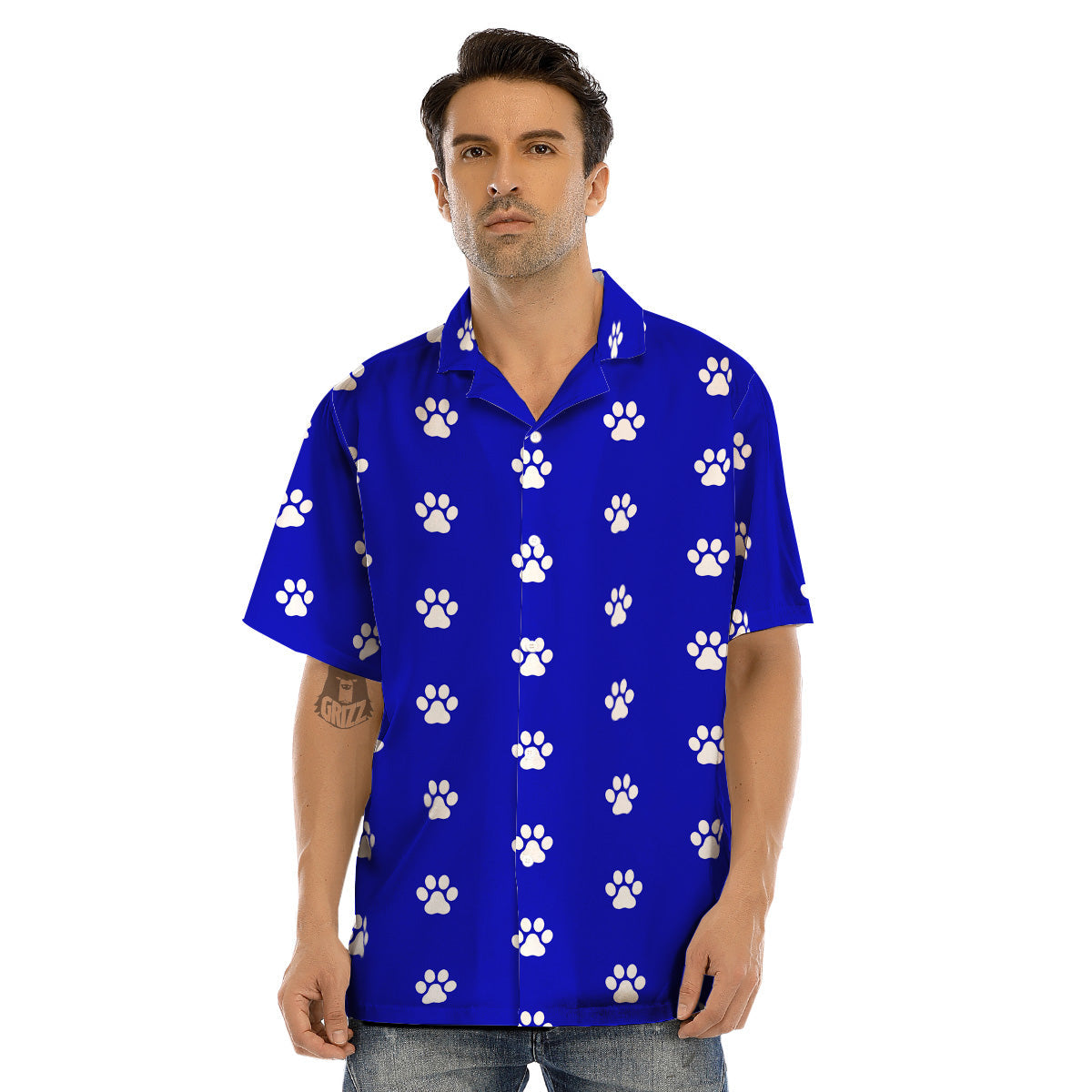 Navy Paw Print Men’s Hawaiian Shirt-grizzshop