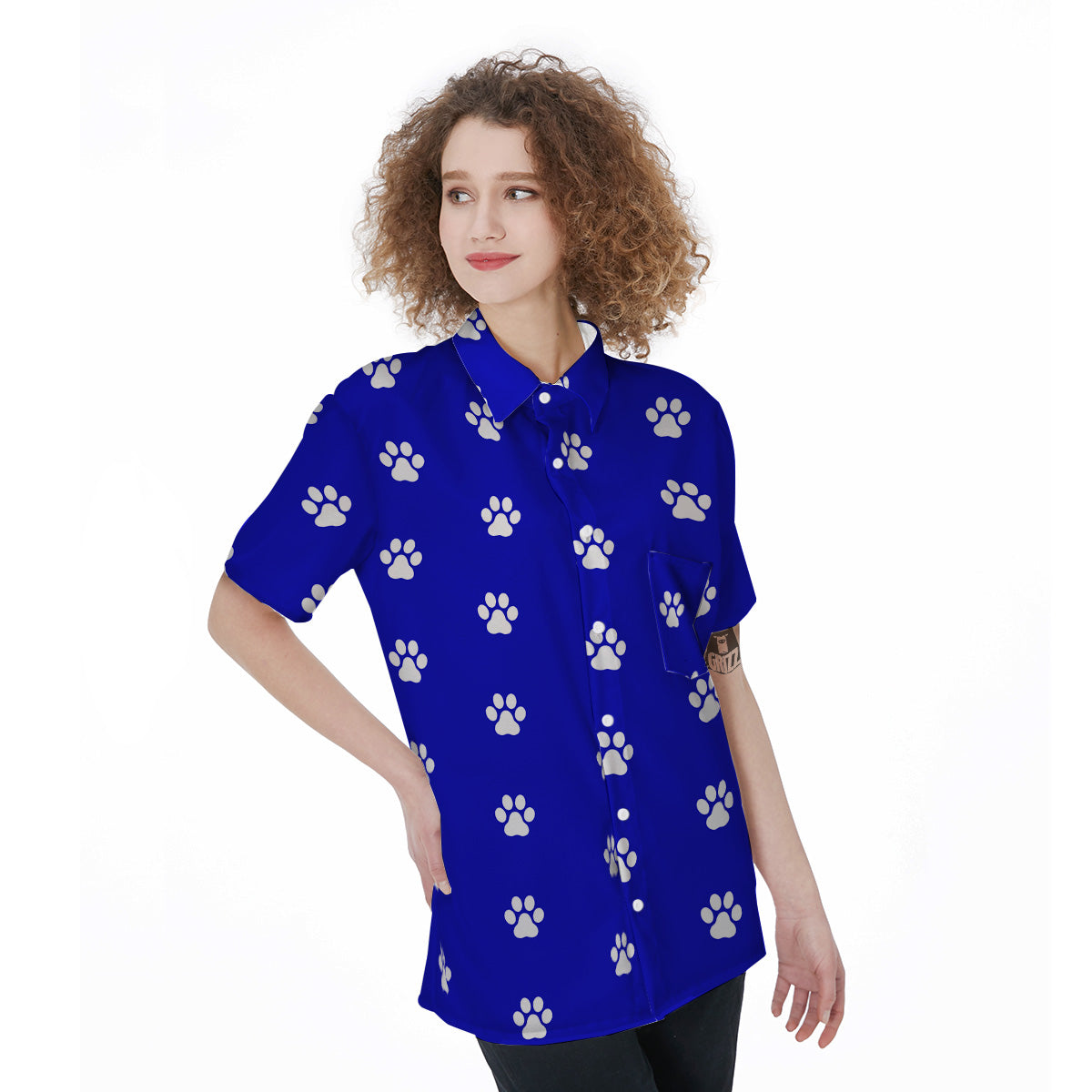 Navy Paw Print Women's Short Sleeve Shirts-grizzshop