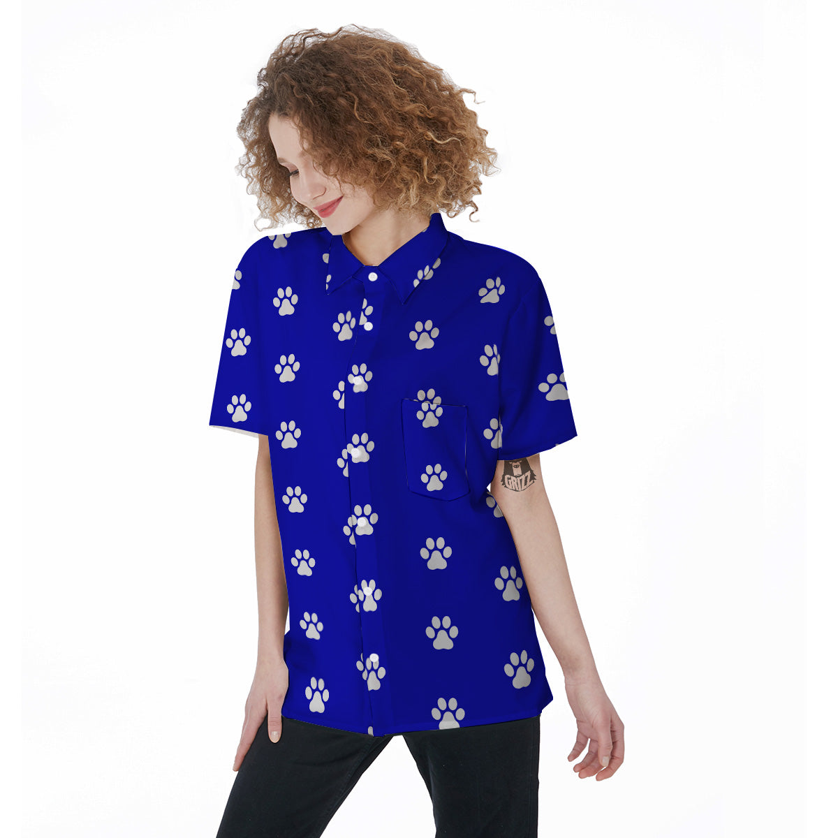 Navy Paw Print Women's Short Sleeve Shirts-grizzshop