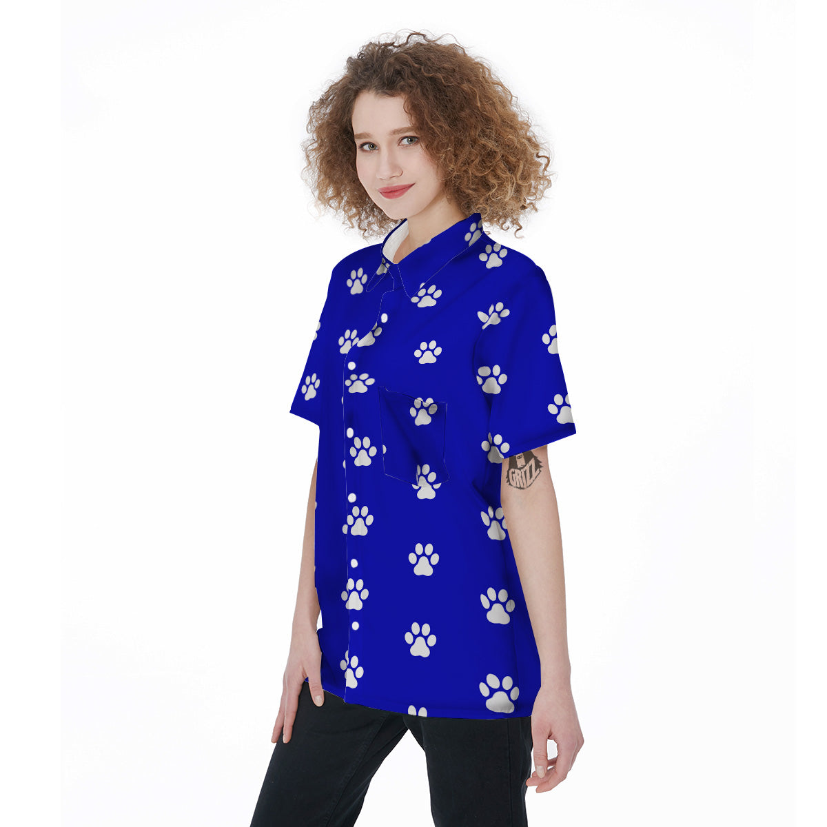 Navy Paw Print Women's Short Sleeve Shirts-grizzshop