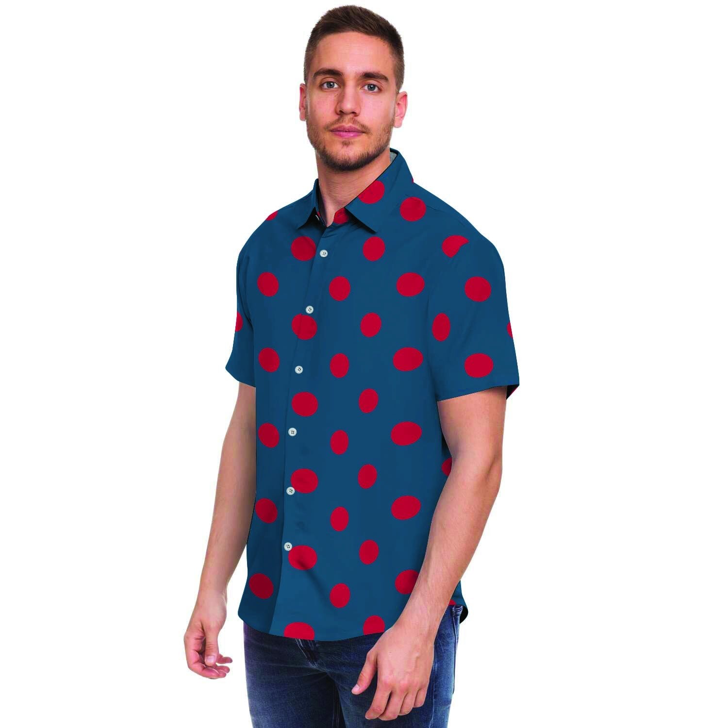 Navy Polka Dot Men's Short Sleeve Shirt-grizzshop