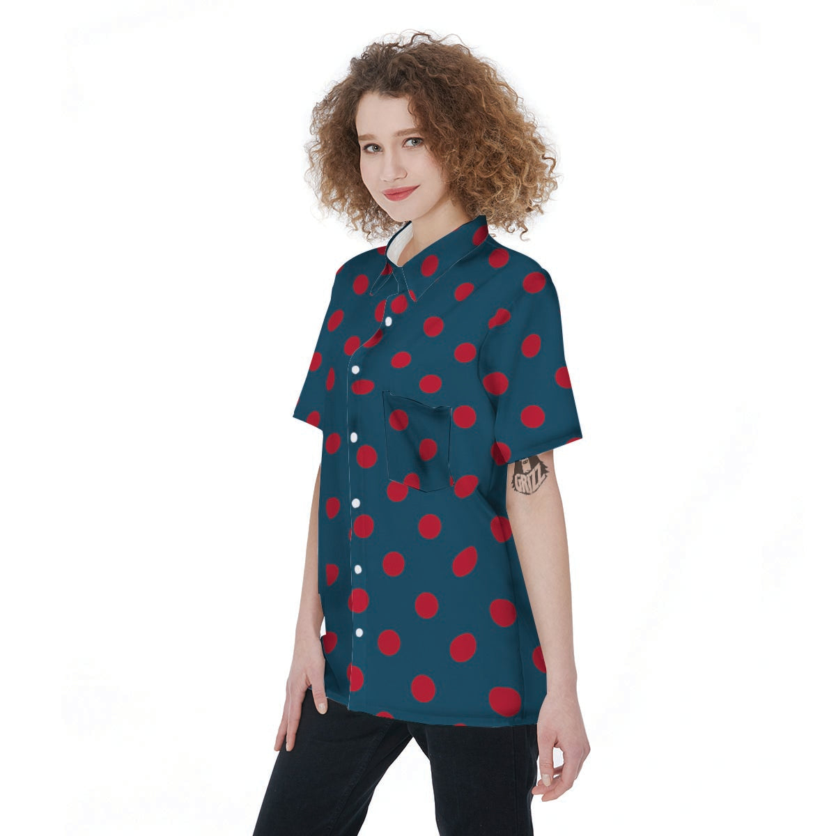 Navy Polka Dot Women's Short Sleeve Shirts-grizzshop