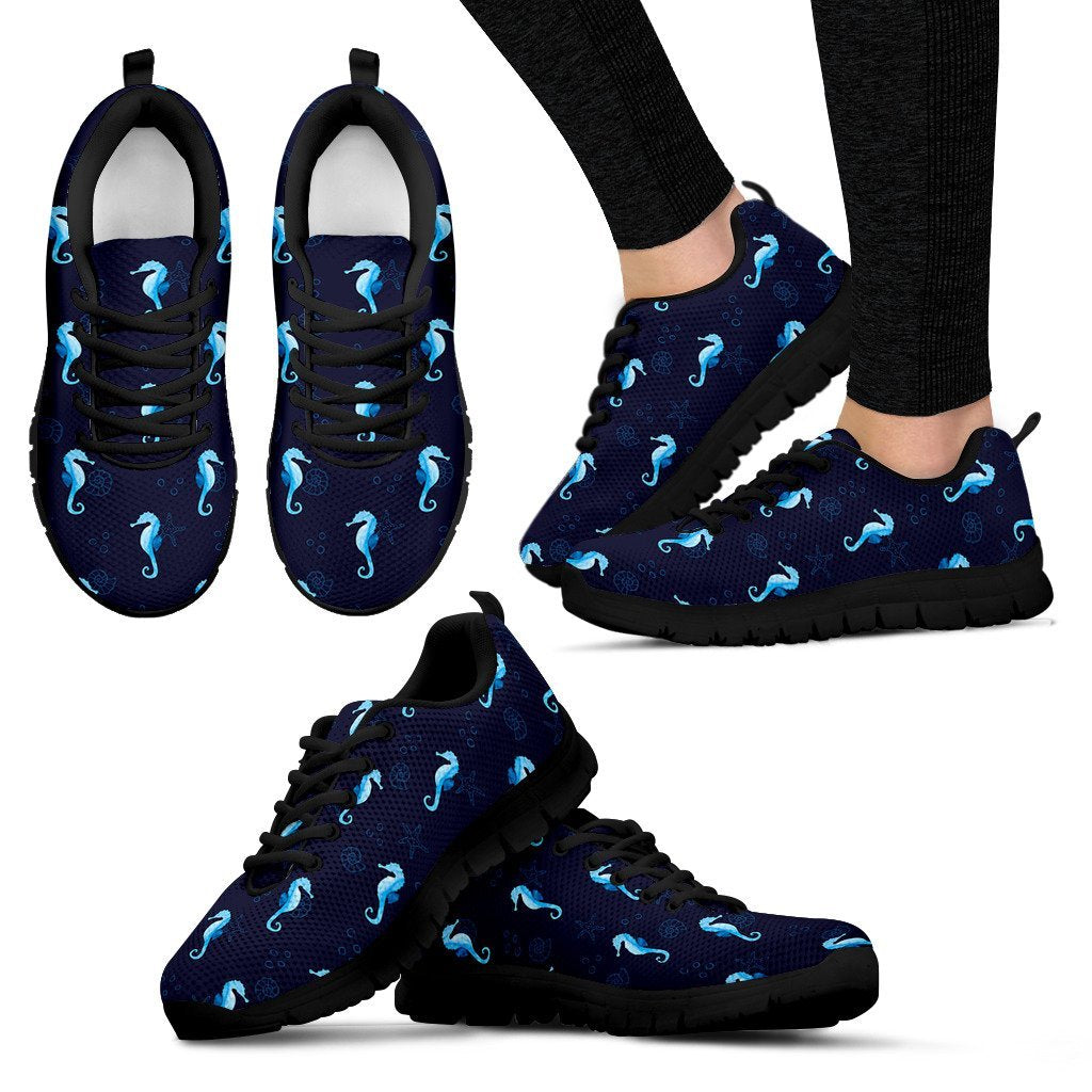 Navy Seahorse Pattern Print Black Sneaker Shoes For Men Women-grizzshop