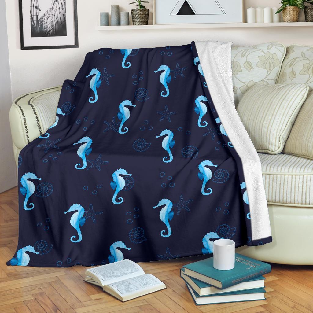 Navy Seahorse Pattern Print Blanket-grizzshop