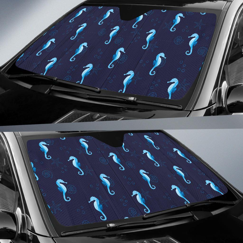 Navy Seahorse Pattern Print Car Sun Shade-grizzshop