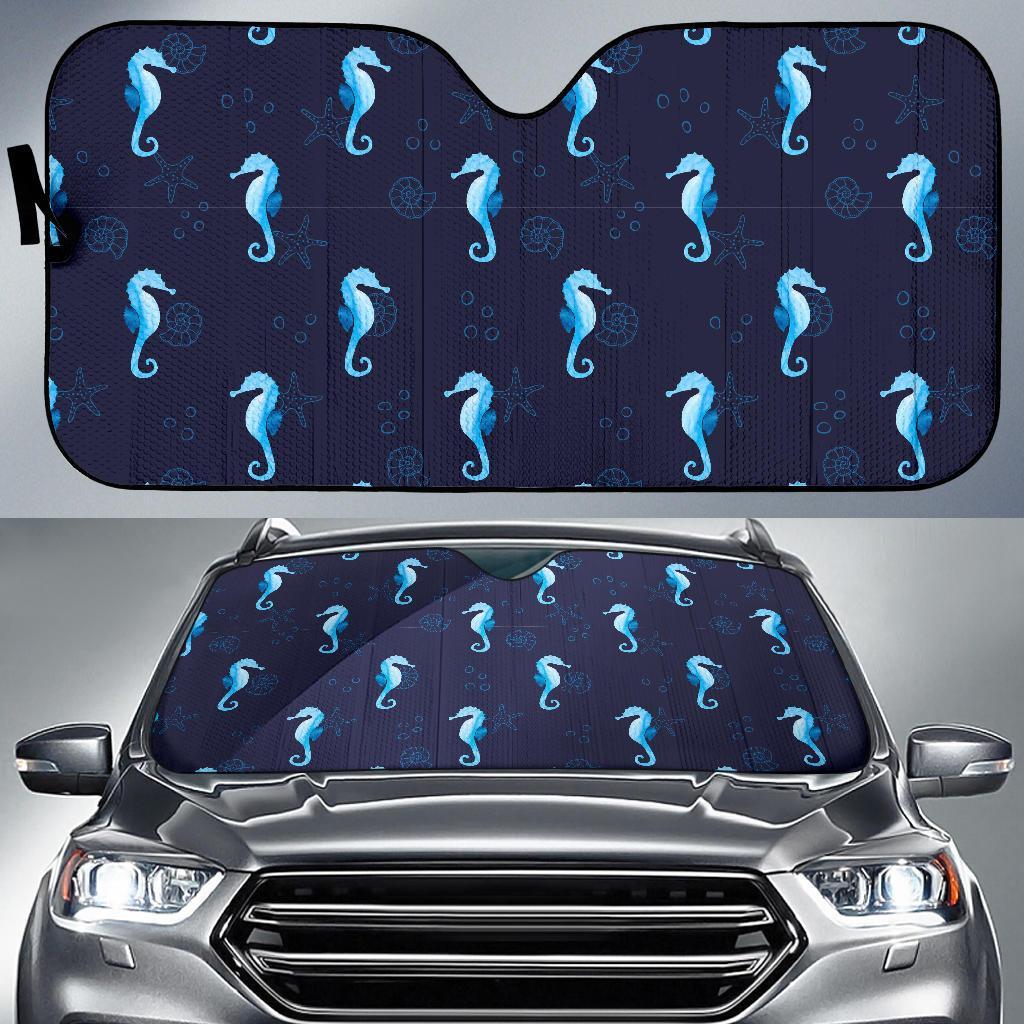 Navy Seahorse Pattern Print Car Sun Shade-grizzshop