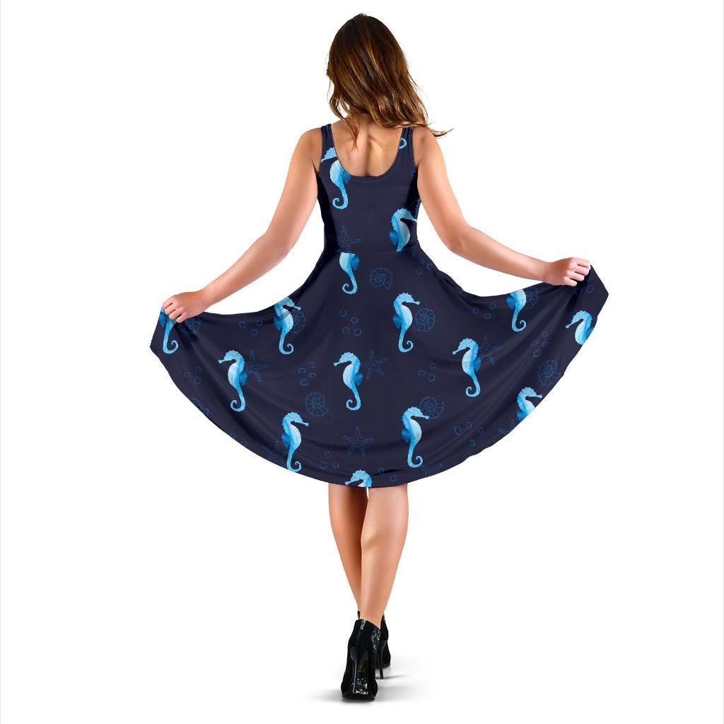 Navy Seahorse Pattern Print Dress-grizzshop