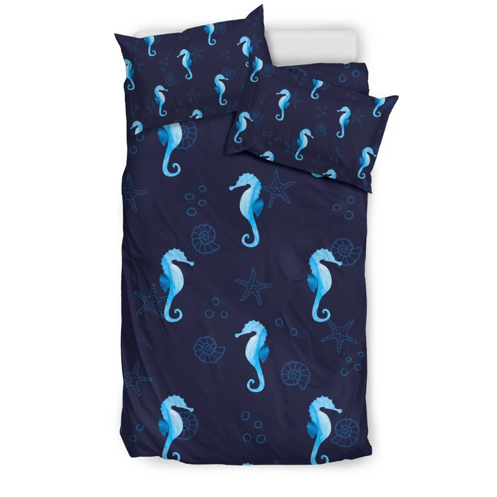 Navy Seahorse Pattern Print Duvet Cover Bedding Set-grizzshop