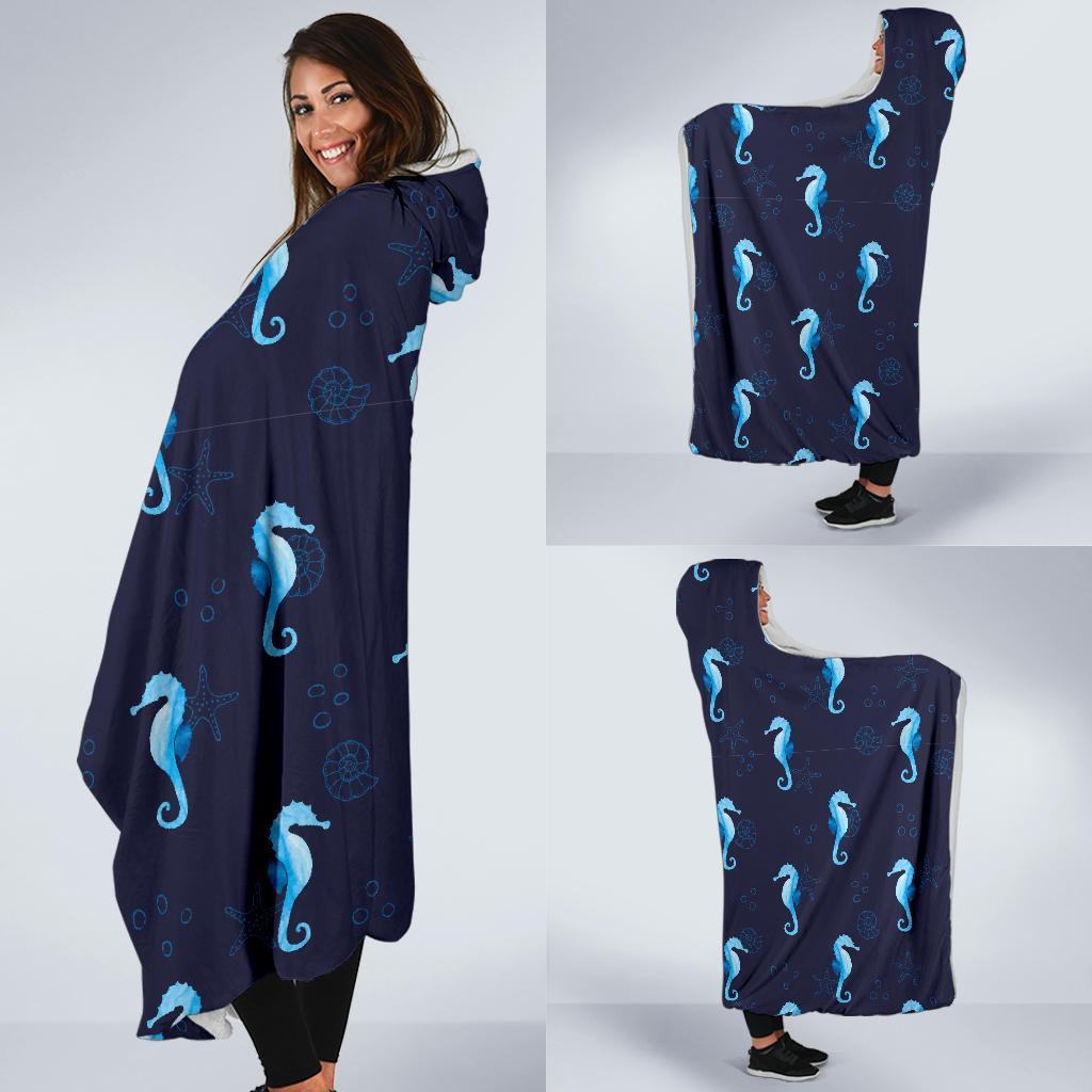 Navy Seahorse Pattern Print Hooded Blanket-grizzshop