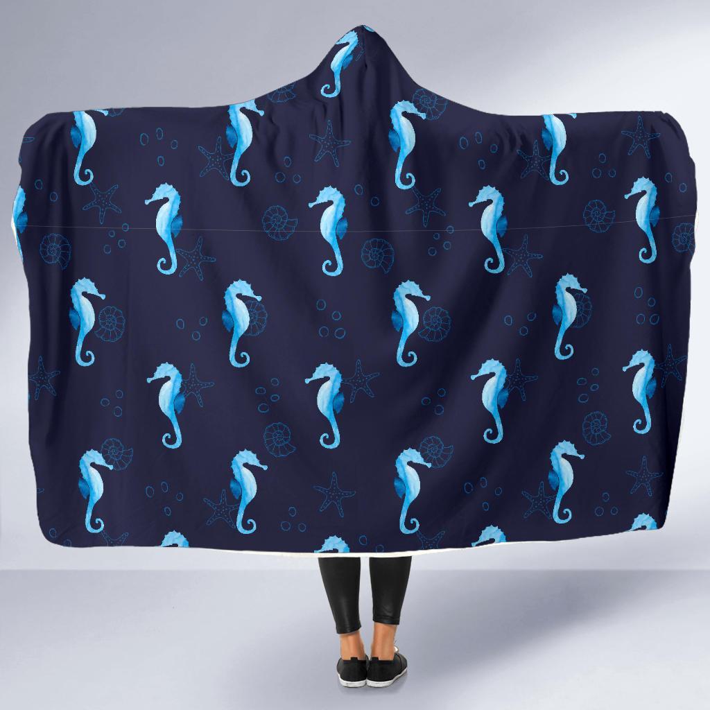 Navy Seahorse Pattern Print Hooded Blanket-grizzshop