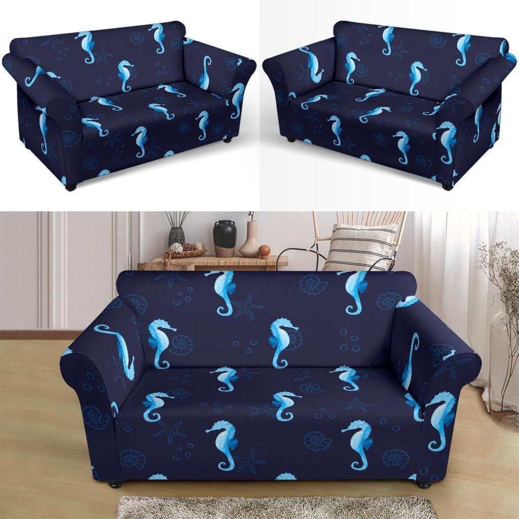 Navy Seahorse Pattern Print Loveseat Cover-grizzshop