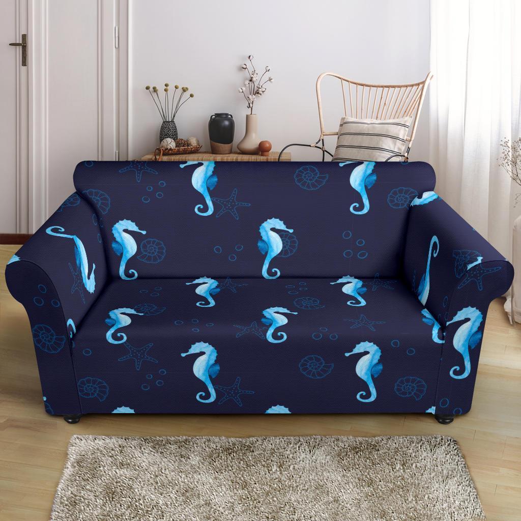 Navy Seahorse Pattern Print Loveseat Cover-grizzshop