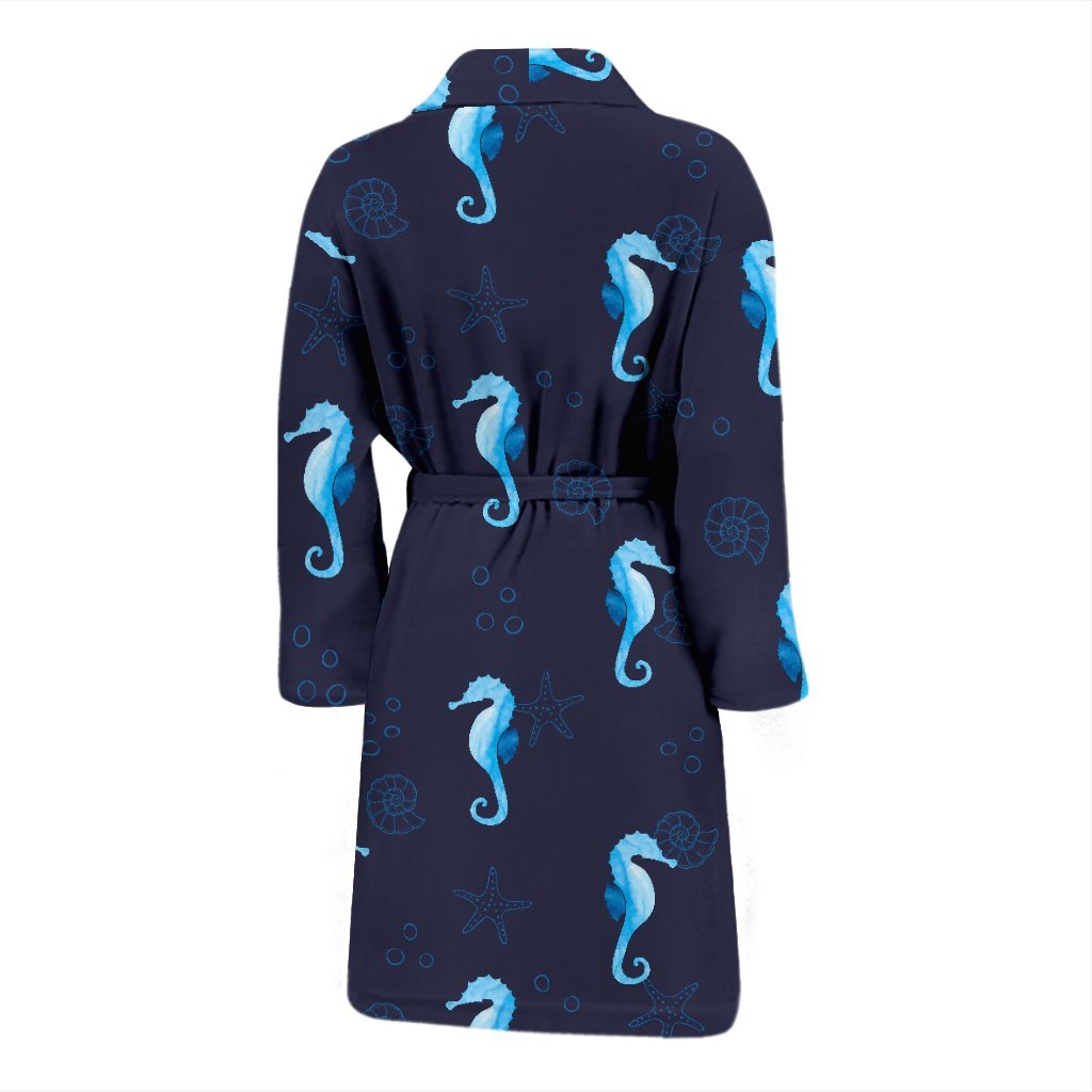 Navy Seahorse Pattern Print Men Long Robe-grizzshop