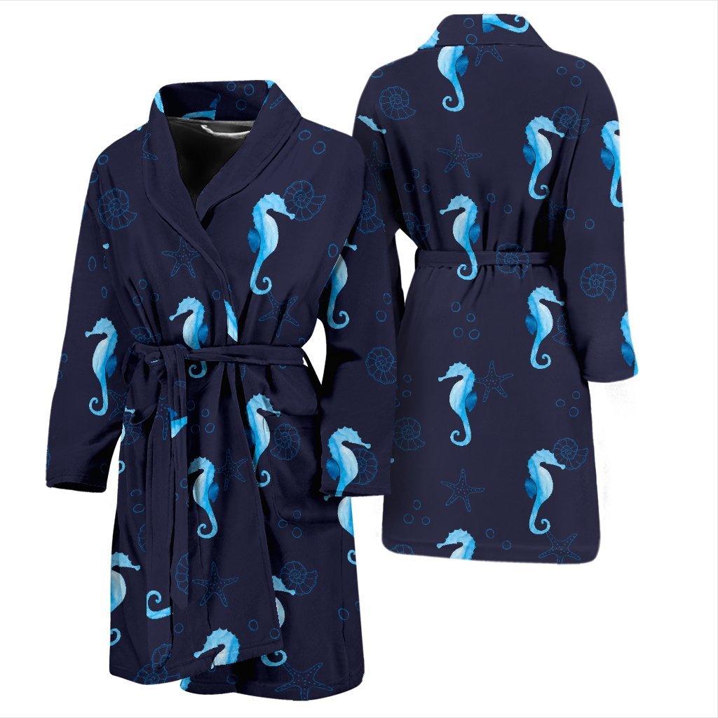 Navy Seahorse Pattern Print Men Long Robe-grizzshop