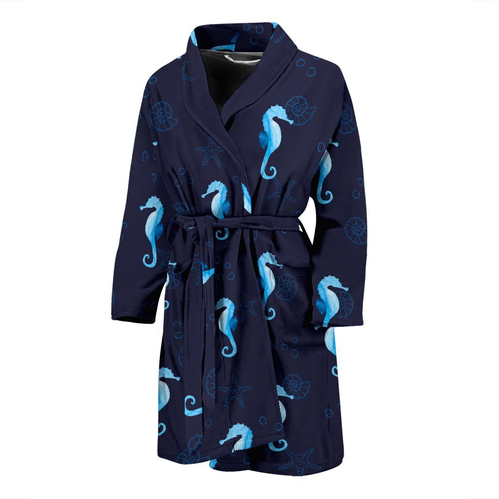Navy Seahorse Pattern Print Men Long Robe-grizzshop