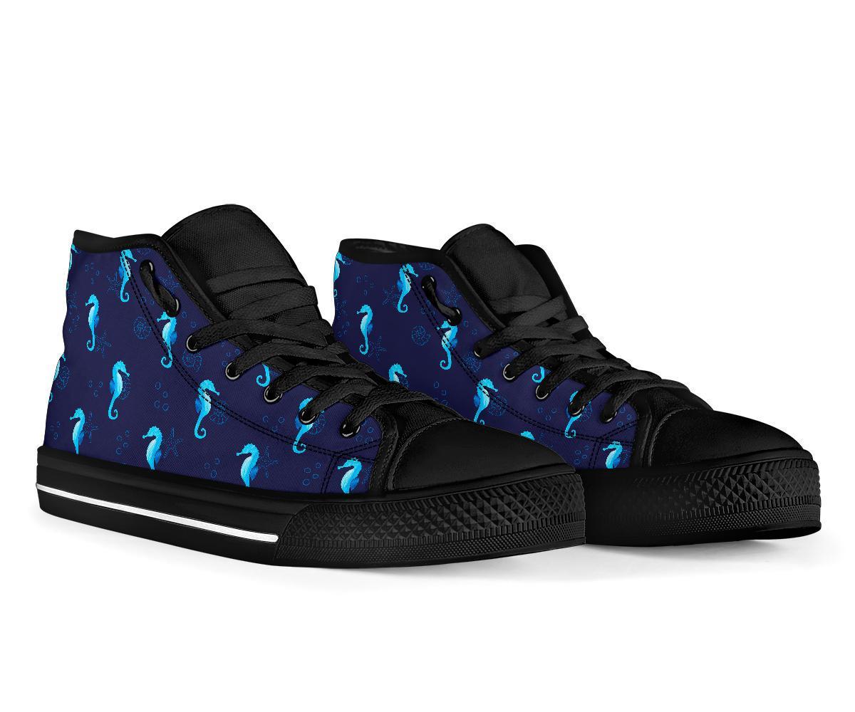 Navy Seahorse Pattern Print Men Women's High Top Shoes-grizzshop