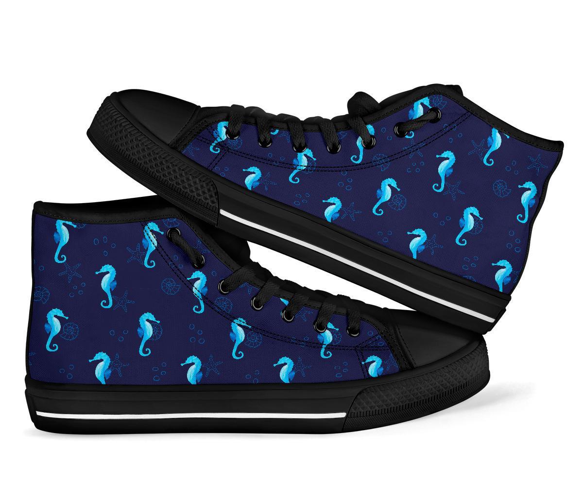 Navy Seahorse Pattern Print Men Women's High Top Shoes-grizzshop