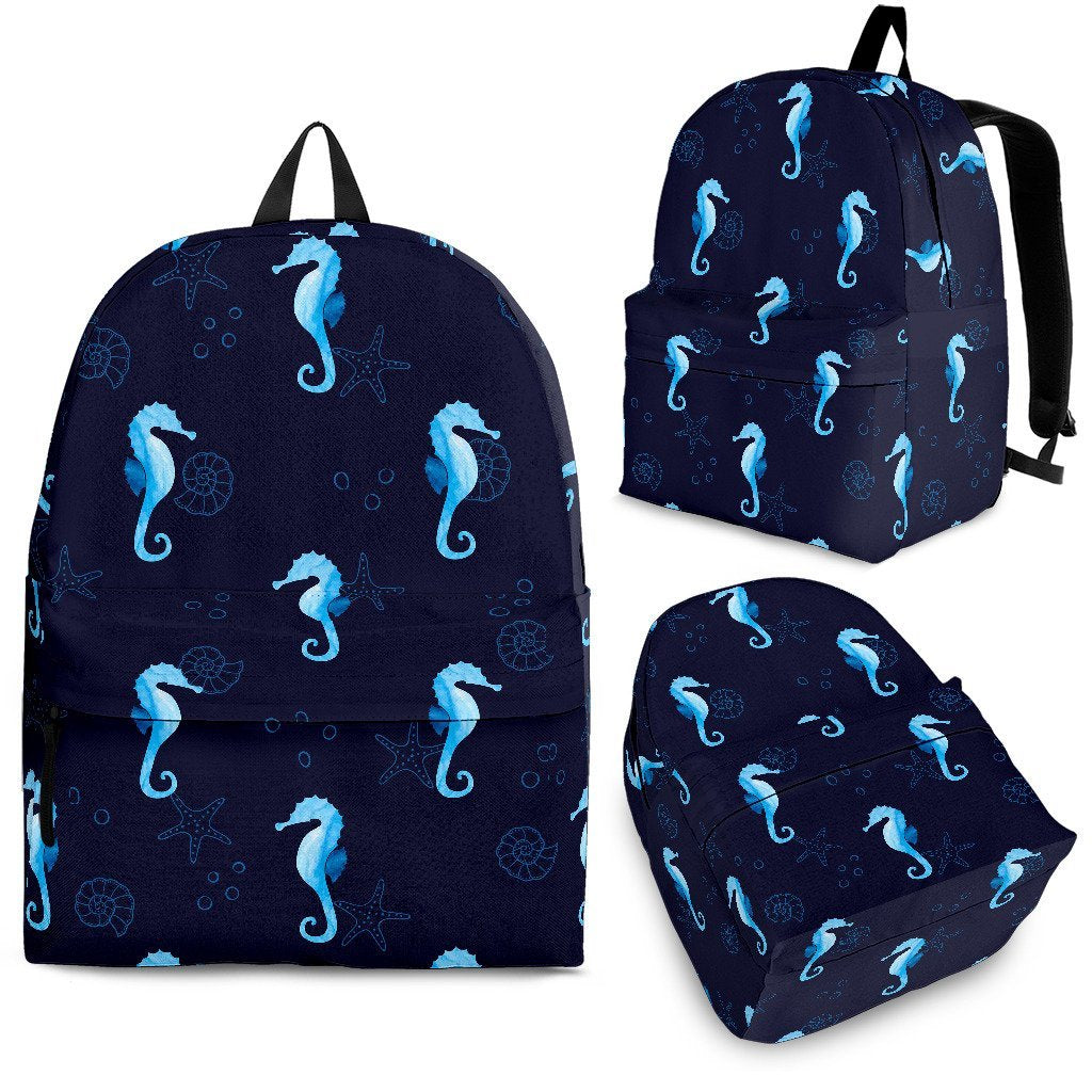 Navy Seahorse Pattern Print Premium Backpack-grizzshop