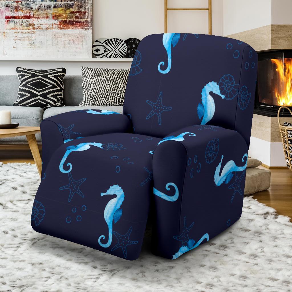 Navy Seahorse Pattern Print Recliner Cover-grizzshop