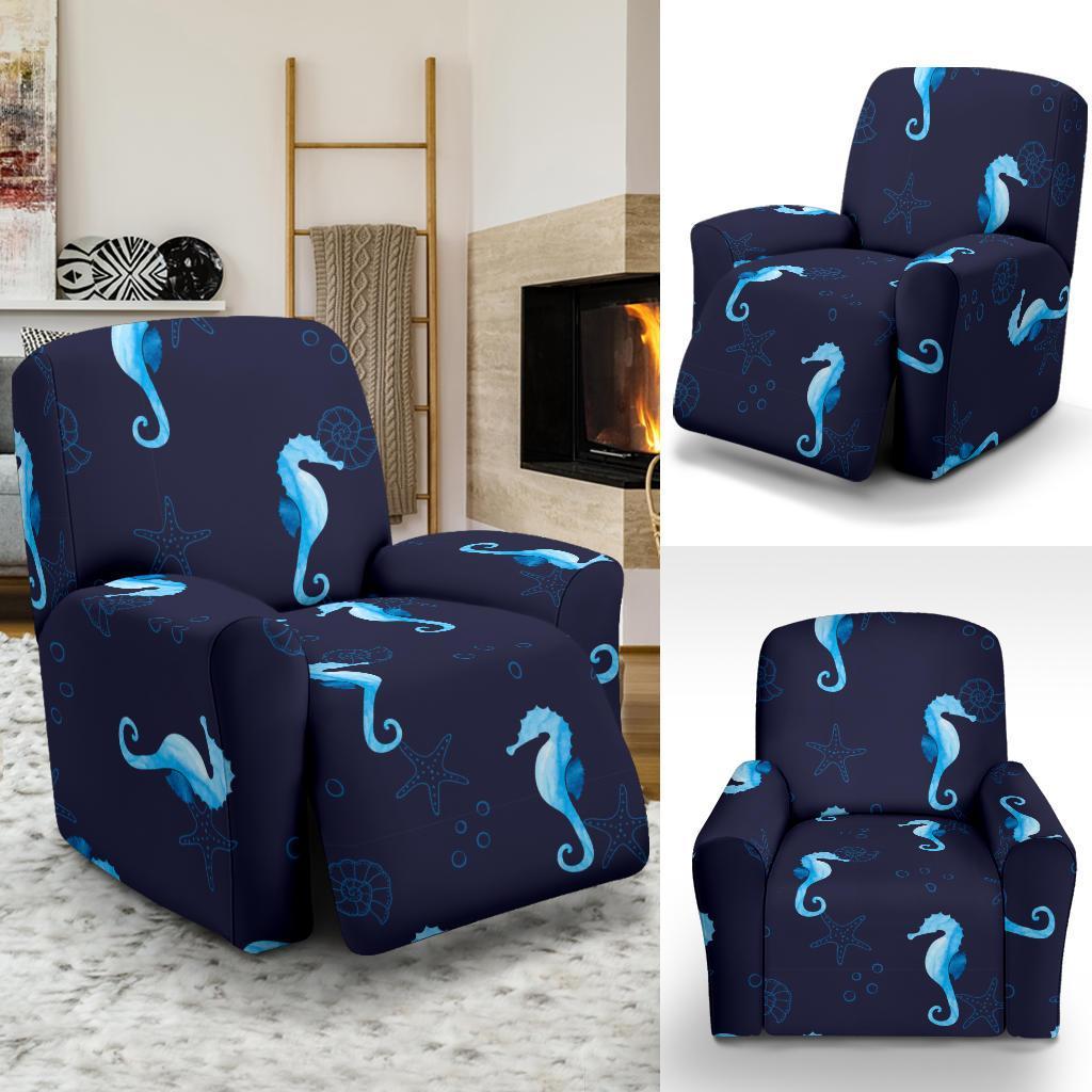 Navy Seahorse Pattern Print Recliner Cover-grizzshop