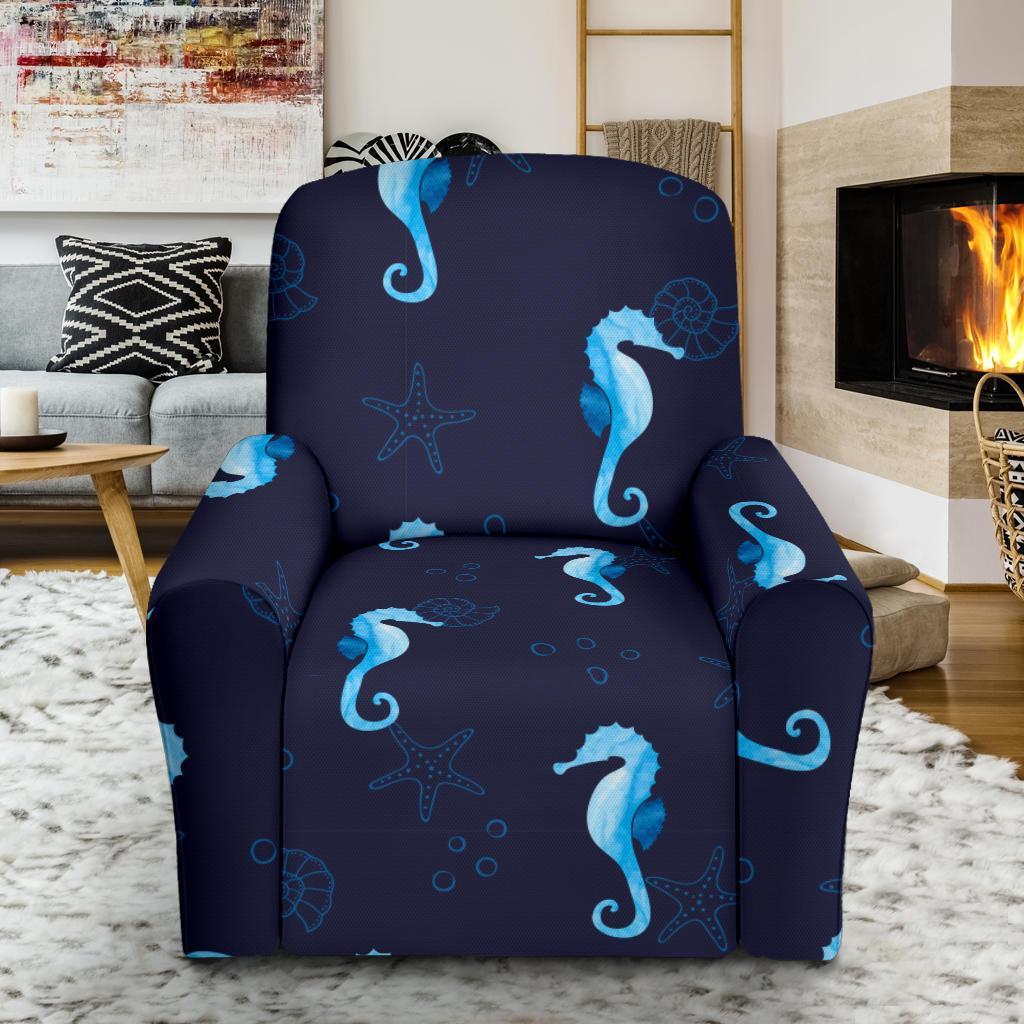 Navy Seahorse Pattern Print Recliner Cover-grizzshop