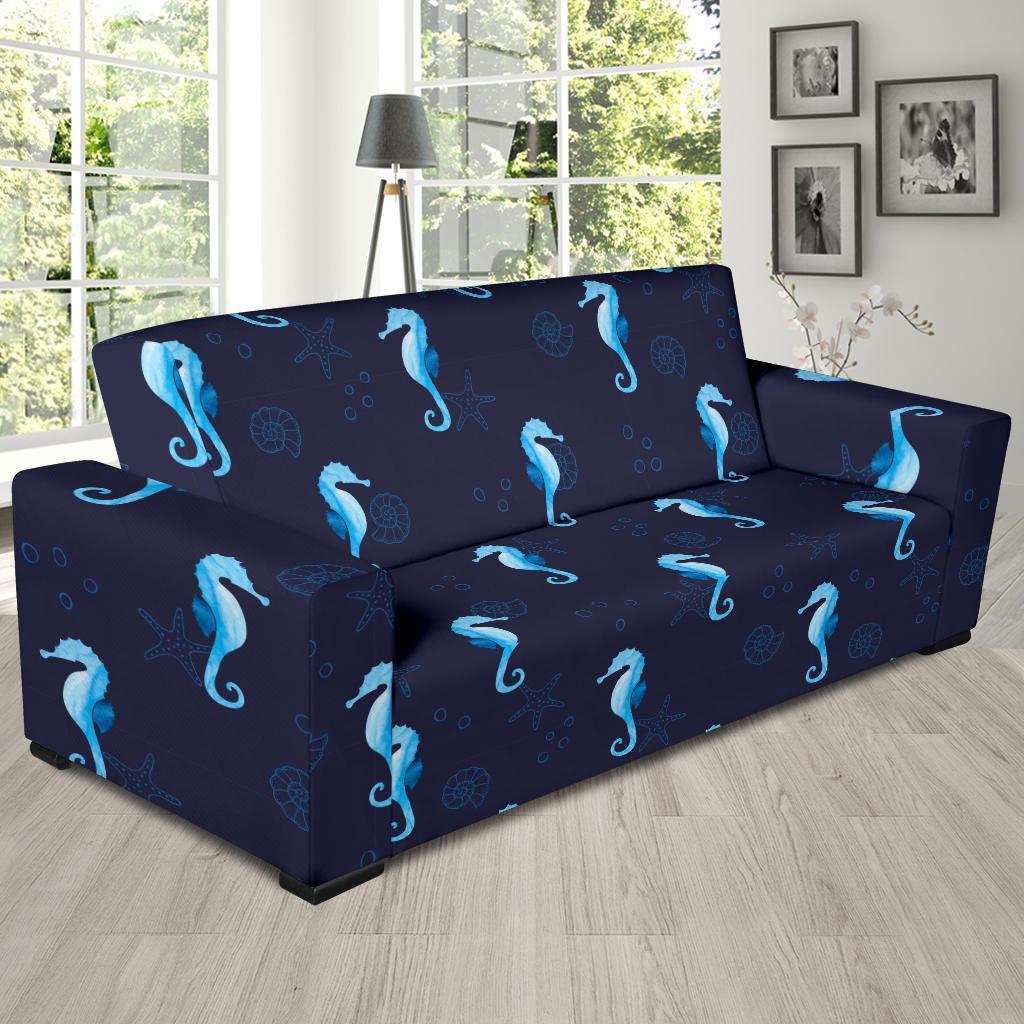 Navy Seahorse Pattern Print Sofa Covers-grizzshop