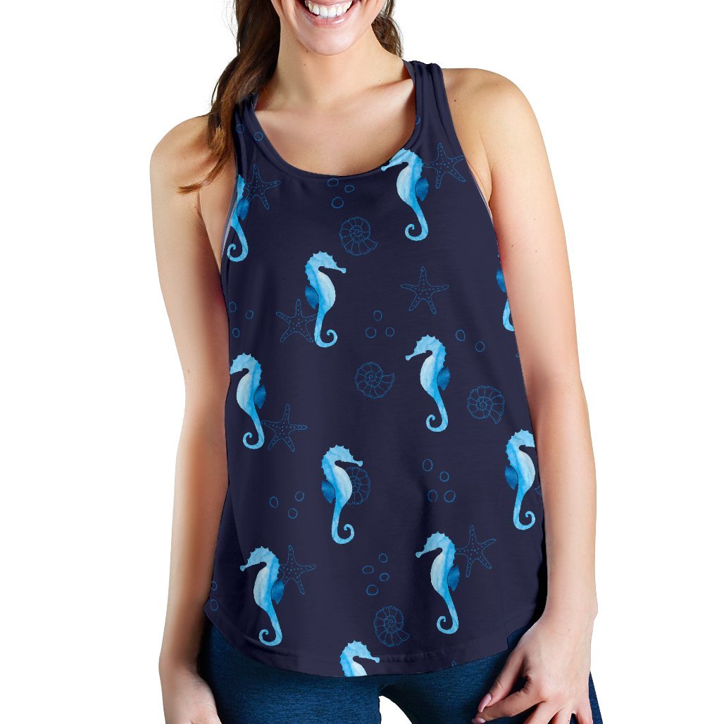 Navy Seahorse Pattern Print Women's Racerback Tank Tops-grizzshop