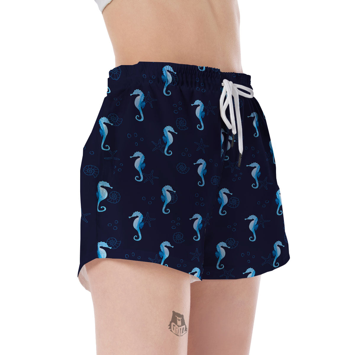 Navy Seahorse Pattern Print Women's Shorts-grizzshop