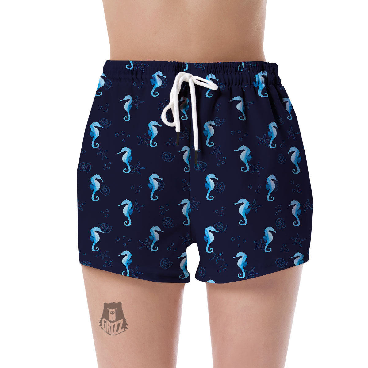 Navy Seahorse Pattern Print Women's Shorts-grizzshop