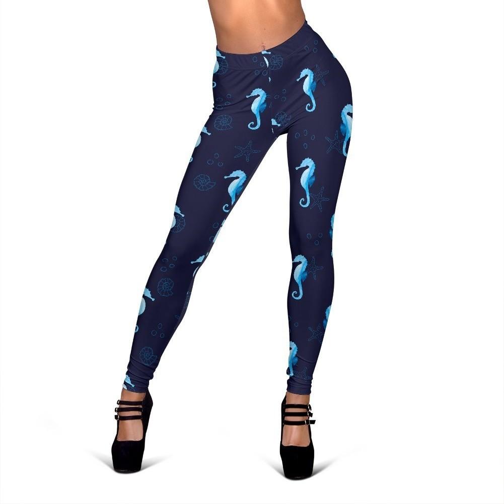 Navy Seahorse Print Pattern Women Leggings-grizzshop