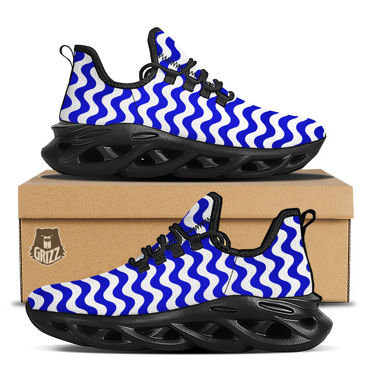 Navy Wave Striped Print Black Running Shoes-grizzshop