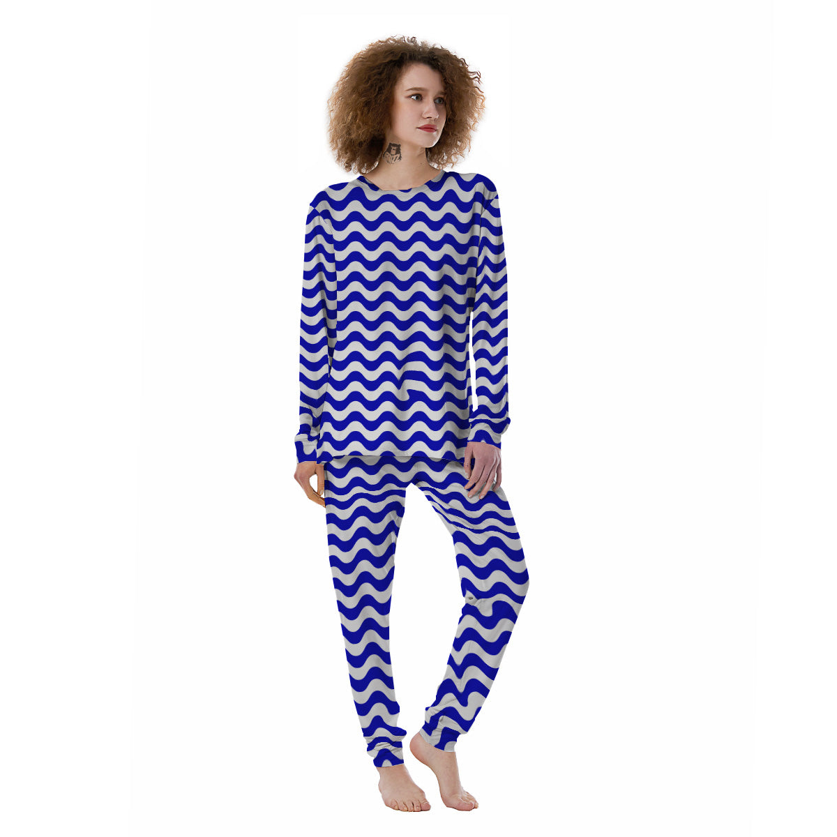 Navy Wave Striped Print Women's Pajamas-grizzshop