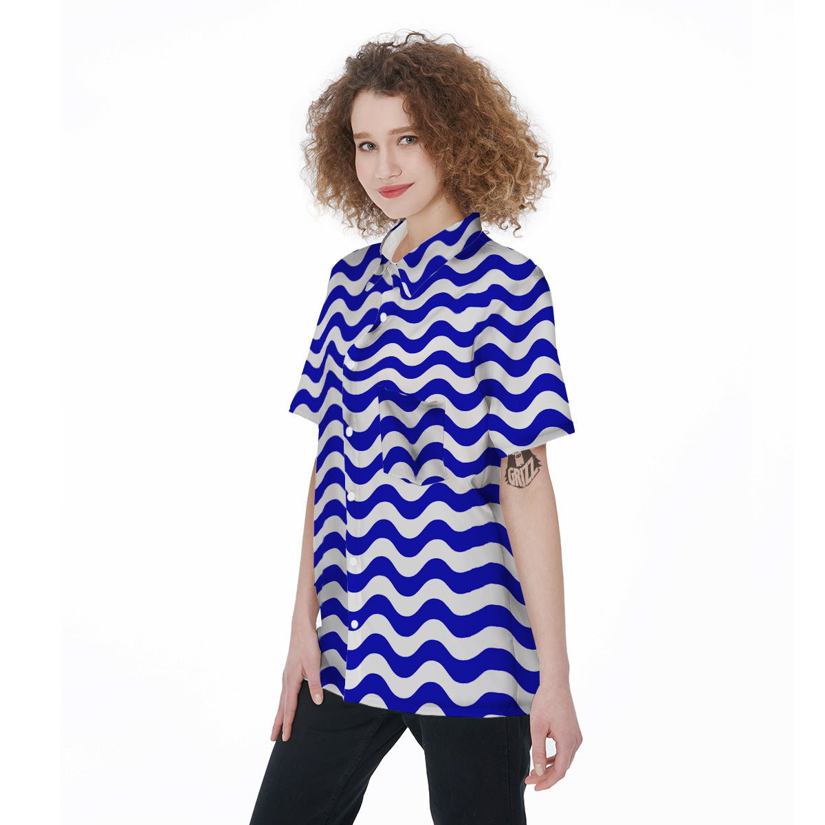 Navy Wave Striped Print Women's Short Sleeve Shirts-grizzshop