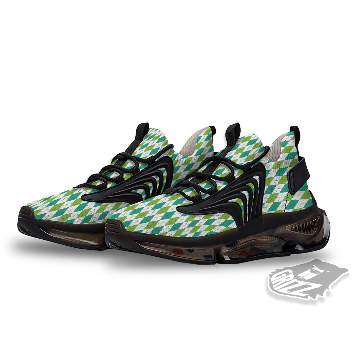 Navy White And Green Argyle Print Pattern Black Gym Shoes-grizzshop