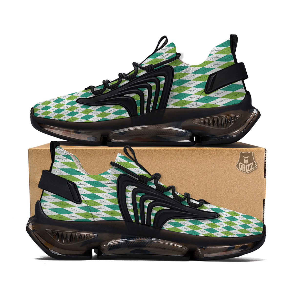 Navy White And Green Argyle Print Pattern Black Gym Shoes-grizzshop