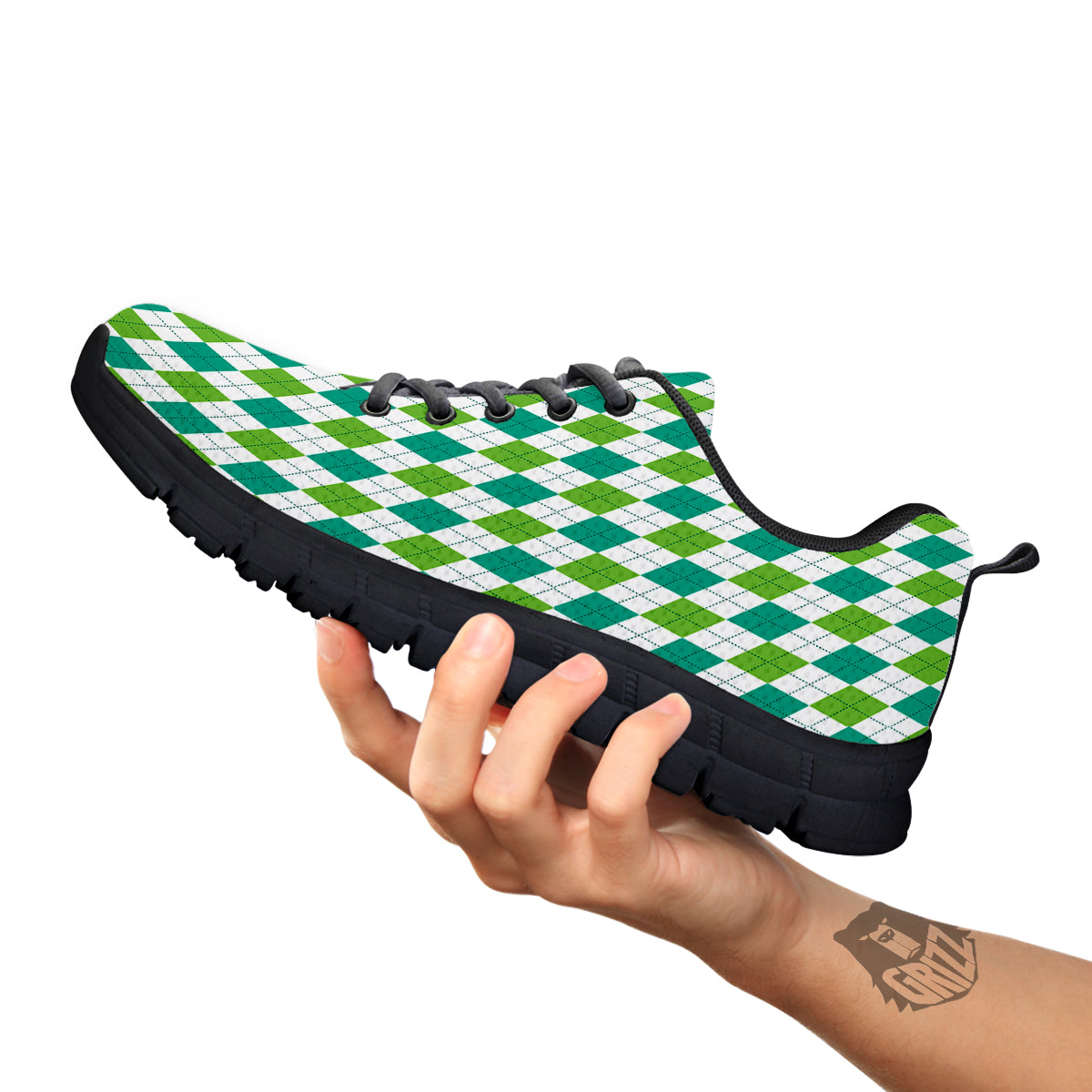 Navy White And Green Argyle Print Pattern Black Sneaker-grizzshop