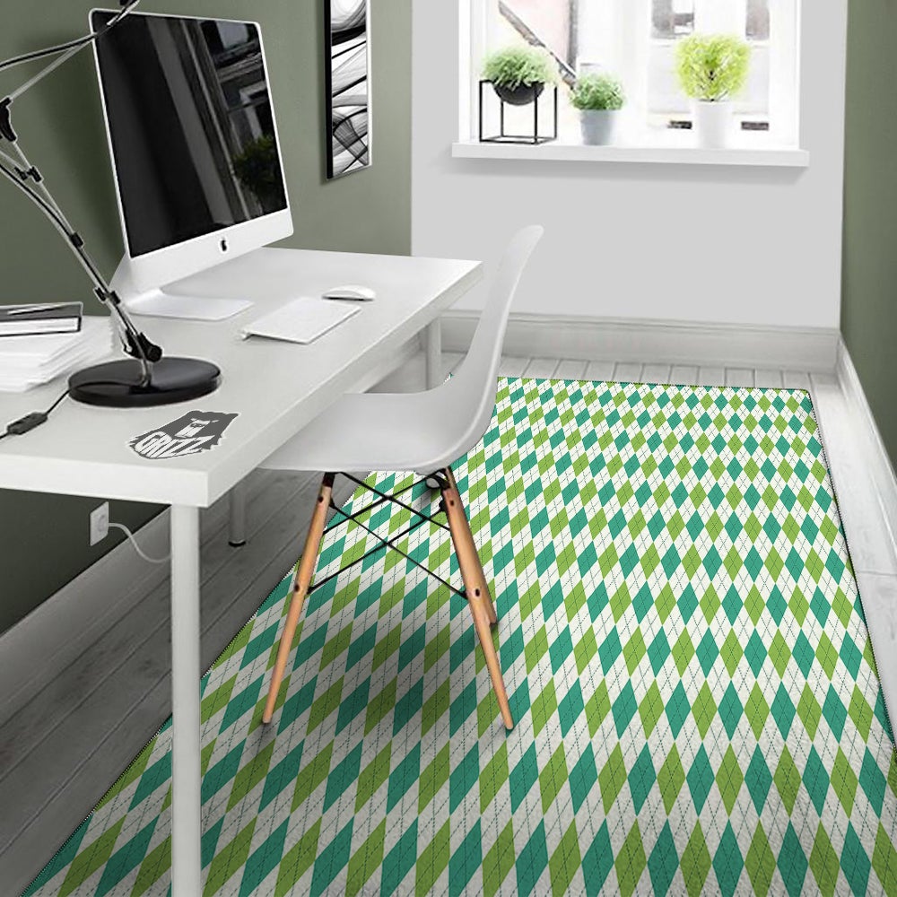 Navy White And Green Argyle Print Pattern Floor Mat-grizzshop
