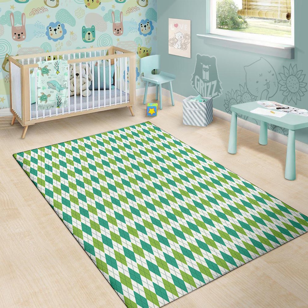 Navy White And Green Argyle Print Pattern Floor Mat-grizzshop