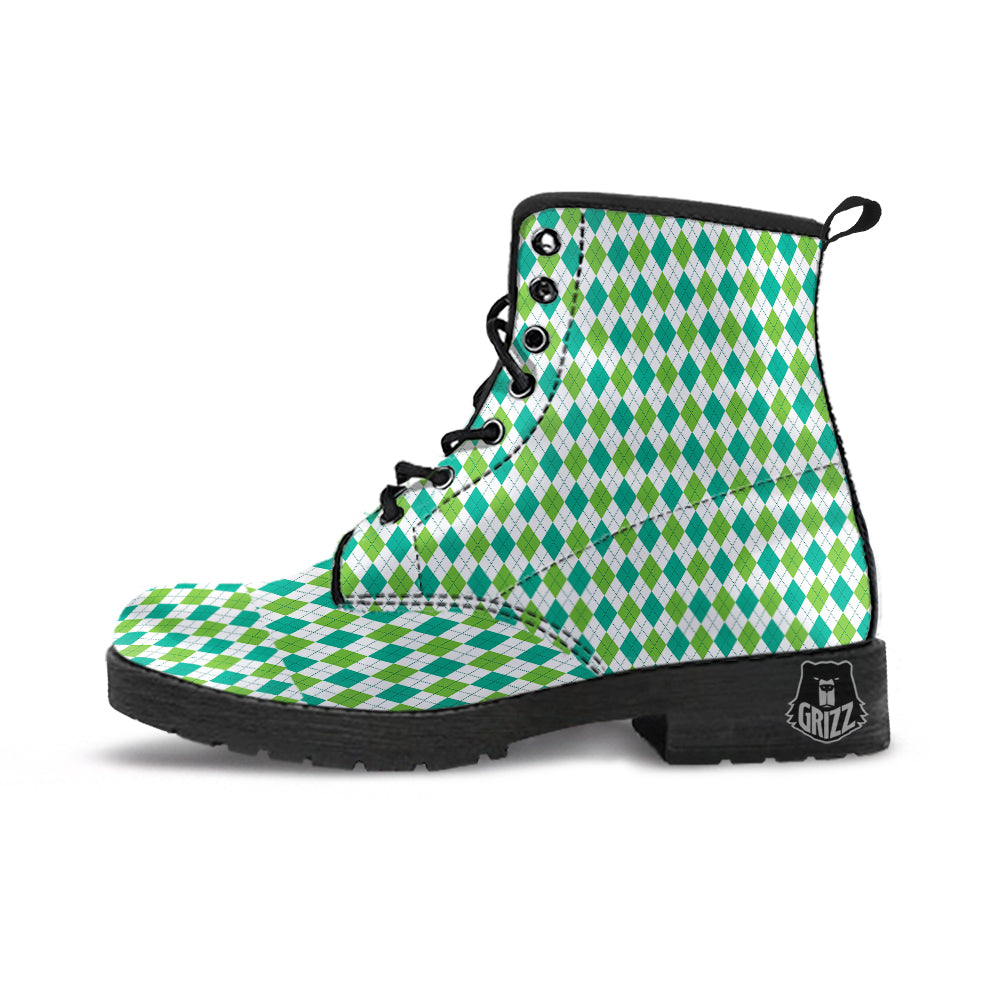 Navy White And Green Argyle Print Pattern Leather Boots-grizzshop