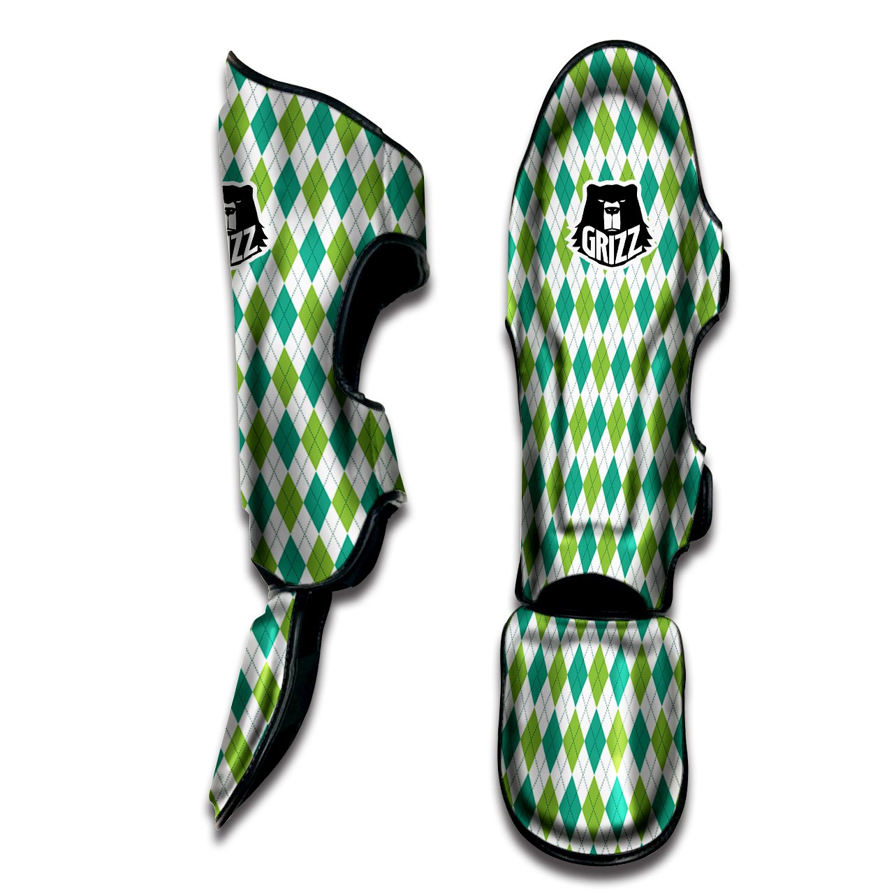 Navy White And Green Argyle Print Pattern Muay Thai Shin Guards-grizzshop