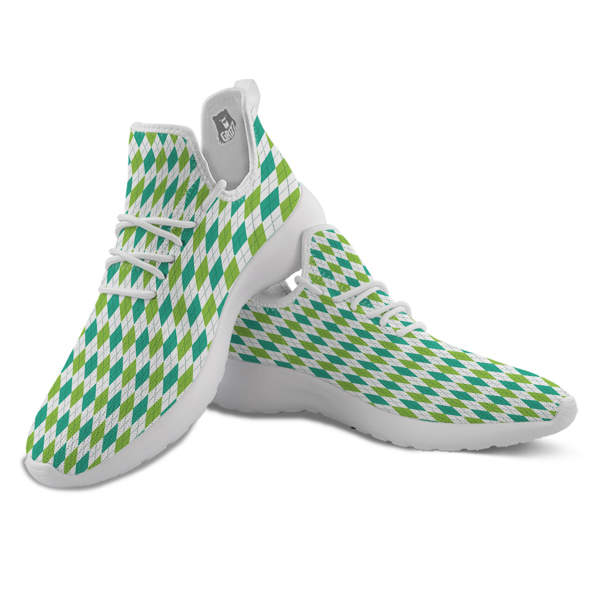 Navy White And Green Argyle Print Pattern White Athletic Shoes-grizzshop