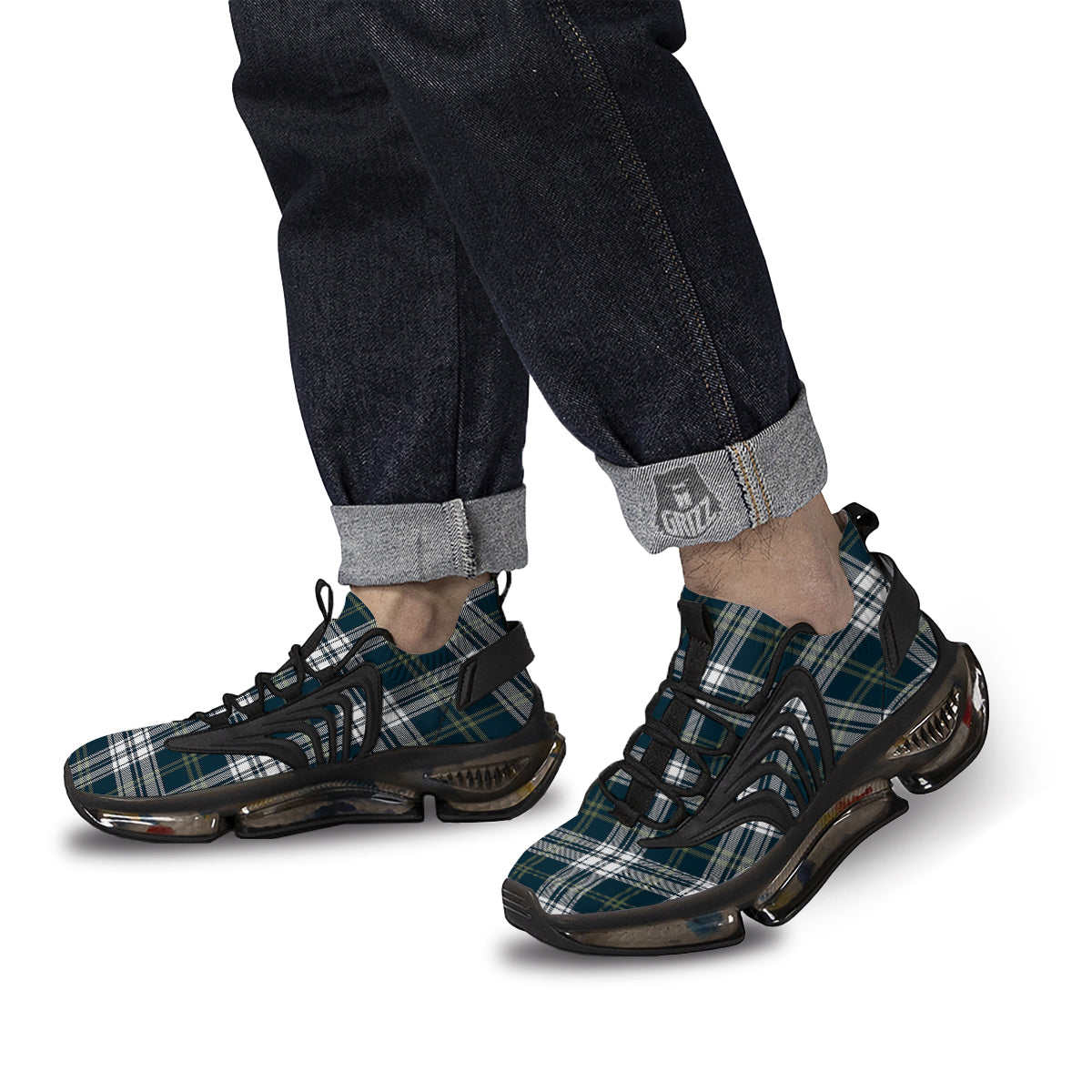 Navy White And Green Plaid Print Pattern Black Gym Shoes-grizzshop