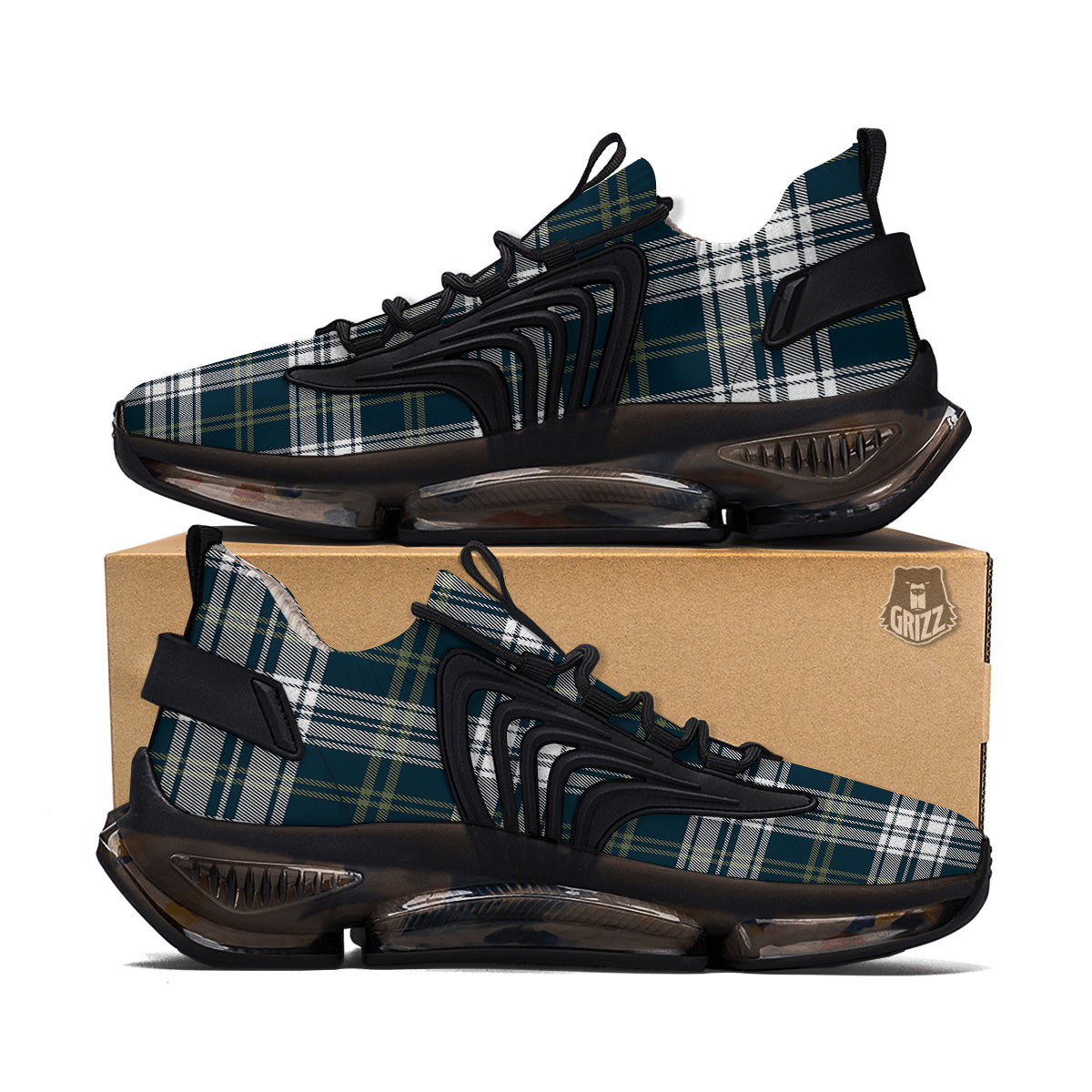 Navy White And Green Plaid Print Pattern Black Gym Shoes-grizzshop
