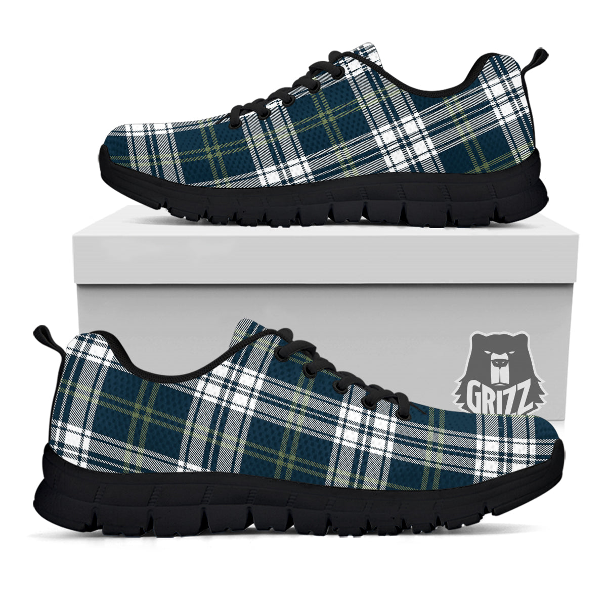 Navy White And Green Plaid Print Pattern Black Sneaker-grizzshop